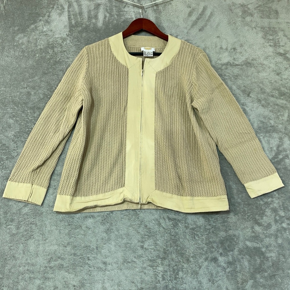 Talbots Women's 1X  Shaker Knit Zip Cardigan Sweater Cotton Full Zip Beige